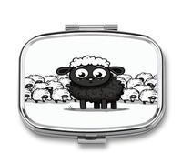 Boîte à pilules décorative en métal avec 2 compartiments - Motif mouton - Noir et blanc - Pour poche, sac à main, voyage, médicaments - Pilulier - Vitamines - Supplément d'huile de poisson