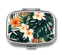 Boîte à pilules d'été tropicale avec fleurs hawaïennes, feuilles de palmier, 2 compartiments, pilulier carré, pilulier de poche portable ou pilulier pour contenir des vitamines