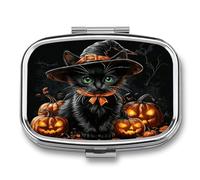 Boîte à pilules d'Halloween en forme de chat noir à 2 compartiments - Organiseur de médicaments carré en métal - Petit étui hebdomadaire avec miroir - Porte-vitamines élégant pour sac à main, poche de