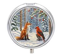 Boîte à pilules d'hiver en forme de renard des neiges à 3 compartiments - Organiseur de médicaments portable 3 fois par jour avec miroir - Petit pilulier pour sac à main et poche - Joli récipient à