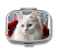 Boîte à pilules en forme de chat blanc mignon à 2 compartiments, pilulier portable avec miroir pour poche, sac à main, voyage, mini organisateur de médicaments en métal pour vitamines, huile de