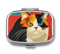 Boîte à pilules en forme de chat d'art moderne, 2 compartiments, pilulier portable pour poche ou sac à main, organiseur décoratif en métal pour médicaments et vitamines