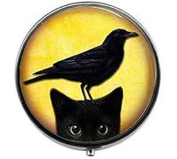Boîte à pilules en verre avec motif chat noir et corbeau