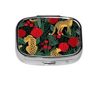 Boîte à pilules Meta à 2 compartiments avec motif sans couture avec léopards et roses, organiseur portable, boîte à pilules rectangulaire, 2533 compartiments