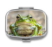 Boîte à pilules mignonne grenouille à 2 compartiments étanche avec miroir carré en métal - Boîte à médicaments portable pour poche et sac à main de voyage