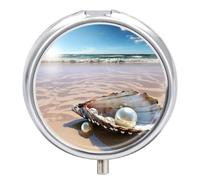 Boîte à pilules Ocean Beach - 3 compartiments - Étanche - Avec miroir - Récipient rond en métal - Boîte à médicaments portable - Boîte à vitamines pour poche et sac à main de voyage