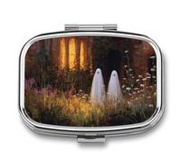 Boîte à pilules portable à 2 compartiments avec deux jolis fantômes et fleurs sauvages