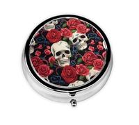 Boîte à pilules portable avec tête de mort et roses - Pilulier rond à 3 compartiments pour voyage, petite boîte à pilules pour sac à main et poche