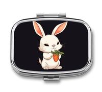Boîte à pilules portable en forme de lapin tenant une carotte à 2 compartiments, avec miroir pour poche, sac à main, voyage, mini organisateur de médicaments en métal pour vitamines, huile de poisson