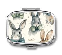 Boîte à pilules portable en métal avec 2 compartiments - Lapin portant un nœud - Organisateur de médicaments pour poche et voyage - Pilulier compact et suppléments d'huile de poisson et vitamines