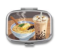 Boîte à pilules pour thé au lait Ramen - 2 compartiments - Étanche - Avec miroir - Boîte à médicaments carrée en métal - Portable - Pour poche et sac à main - Pour voyage