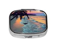 Boîte à pilules rectangulaire en forme de coco, plage, coucher de soleil, 2 compartiments, pilulier de voyage, pilulier portable, boîte de rangement pour médicaments, vitamines, foie de morue, huile