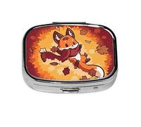 Boîte à pilules rectangulaire en forme de renard d'automne - 2 compartiments - Pilulier de voyage portable - Boîte de rangement pour vitamines, morue, foie, huile - Cadeau mignon et unique