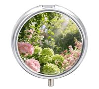 Boîte à pilules ronde à 3 compartiments avec miroir pour vitamines, médicaments, compléments alimentaires - Motif fleurs roses et vertes