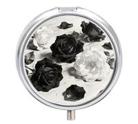 Boîte à pilules ronde à 3 compartiments avec miroir pour vitamines, médicaments, compléments alimentaires, roses noires et blanches