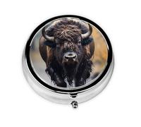 Boîte à pilules ronde à emporter North American Bison - Se glisse dans votre sac à main - Légère - 3 compartiments