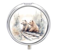 Boîte à pilules ronde avec 3 compartiments - Motif ours sur les rails de train - Mini sac à main de voyage - Pour médicaments, vitamines, huile de poisson