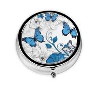 Boîte à pilules ronde avec 3 compartiments - Petit pilulier portable pour voyage (papillons bleus, fleurs blanches)