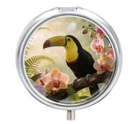 Boîte à pilules ronde avec miroir pour vitamines, médicaments, compléments alimentaires et médicaments, avec inscription « The Morning Song of The Toucan and The Orchid »