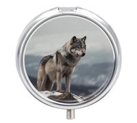 Boîte à pilules ronde avec motif loup sur la montagne - Organiseur de poche pour sac à main