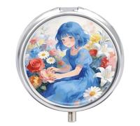 Boîte à pilules ronde bleue avec miroir 3 compartiments pour voyage, utilisation en extérieur, joli petit pilulier pour poche ou sac à main