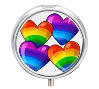 Boîte à pilules ronde colorée arc-en-ciel en forme de cœurs Gay Pride avec 3 compartiments décoratifs - Mini sac à main portable - Pour médicaments de voyage, vitamines, huile de poisson