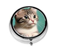 Boîte à pilules ronde en fer galvanisé avec 3 compartiments en plastique Motif chat curieux 5,1 x 5,1 x 1,8 cm