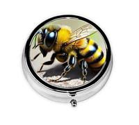 Boîte à pilules ronde en fer galvanisé avec 3 compartiments en plastique Motif petite abeille 5,1 x 5,1 x 1,8 cm