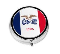 Boîte à pilules ronde en fer galvanisé avec drapeau de l'État de l'Iowa, 5,1 x 5,1 x 1,8 cm, avec 3 compartiments en plastique