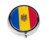 Boîte à pilules ronde en fer galvanisé Drapeau de la Moldavie 5,1 x 5,1 x 1,8 cm avec 3 compartiments en plastique