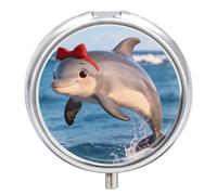 Boîte à pilules ronde en forme de dauphin avec miroir - 3 compartiments - Portable - Pour voyage et extérieur - Petit pilulier mignon pour poche ou sac à main