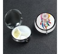 Boîte à pilules ronde en métal à 3 compartiments - Attrape-rêves aquarelle - Joli pilulier de voyage portable pour médicaments et vitamines - Cadeau unique