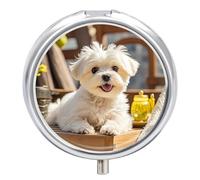 Boîte à pilules ronde en métal à 3 compartiments en forme de chiot maltais - Petit pilulier portable pour médicaments et vitamines - Pour sac à main et poche pour contenir des vitamines et des