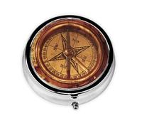 Boîte à pilules ronde en métal avec impression de la loi de la boussole - 3 compartiments