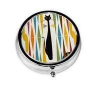 Boîte à pilules ronde en métal avec imprimé chat moderne du milieu du siècle, mini pilulier portable, 3 compartiments