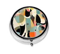 Boîte à pilules ronde en métal galvanisé avec motif chat d'art moderne du milieu du siècle, 5,1 x 5,1 x 1,8 cm, avec 3 compartiments en plastique