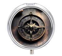 Boîte à pilules ronde magique avec boussole et runes nordiques - Petit pilulier avec 3 compartiments - Organiseur de médicaments portable en métal - Mini récipient de voyage pour médicaments et