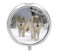 Boîte à pilules ronde mignonne avec 3 compartiments décoratifs - Mini sac à main portable - Pour médicaments - Vitamine et huile de poisson - Deux loups marchant dans la neige