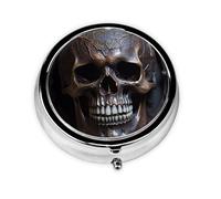 Boîte à pilules ronde portable à emporter avec tête de mort de couleur cuivre, tient dans votre sac à main, boîte à pilules légère à 3 compartiments