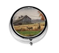 Boîte à pilules ronde portable avec motif de ferme avec cerf, organiseur de pilules rond élégant pour compartiments de voyage, cadeau pour la gestion des médicaments