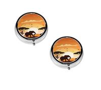 Boîte à pilules ronde portable avec motif éléphant et girafe au coucher du soleil - Organiseur de pilules rond élégant pour compartiments de voyage, cadeau pour la gestion des médicaments