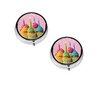Boîte à pilules ronde portable colorée Happy Birthday Cupcakes - Organiseur de pilules rond élégant pour compartiments de voyage, cadeau pour la gestion des médicaments