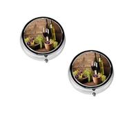 Boîte à pilules ronde portable pour bouteille de vin avec bouchon en liège et raisin - Organiseur de pilules rond élégant pour compartiments de voyage - Cadeau pour la gestion des médicaments