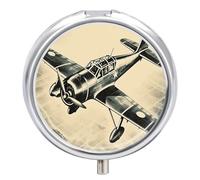 Boîte à pilules ronde rétro en forme d'avion mignon petit étui portable à 3 compartiments avec miroir pour vitamines médicaments, compléments alimentaires