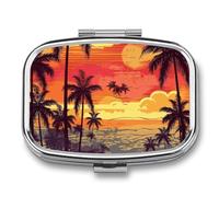 Boîte à pilules Tropical Island Sunset avec 2 compartiments - Organisateur de médicaments portable en métal pour sac à main et voyage - Pilulier compact et suppléments d'huile de poisson et vitamines
