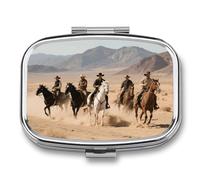 Boîte à pilules vintage Western Desert Cowboy à 2 compartiments en métal - Mini étui à médicaments de voyage portable avec miroir - Joli récipient à médicaments pour sac à main de poche