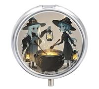 Boîte à pilules Witch and The Cauldron - 3 compartiments - Étanche - Avec miroir - Récipient rond en métal - Boîte à médicaments portable - Pour poche et sac à main - Pour voyage