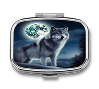 Boîte à pilules Wolf Under Moon à 2 compartiments - Portable - Pilulier de voyage carré - Pilulier quotidien avec poche de rangement pour vitamines - Organiseur de médicaments pour le bureau, la