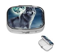 Boîte à pilules Wolf Under Moon avec miroir, 2 compartiments pour sac à main ou poche, mini pilulier en métal pour voyage, hebdomadaire, médicaments, vitamines, cadeau de voyage