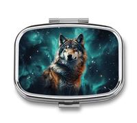 Boîte à pilules Wolf Under The Starry Sky à 2 compartiments pour sac à main ou poche Mini pilulier en métal pour médicaments quotidiens pour contenir des vitamines, de l'huile de poisson